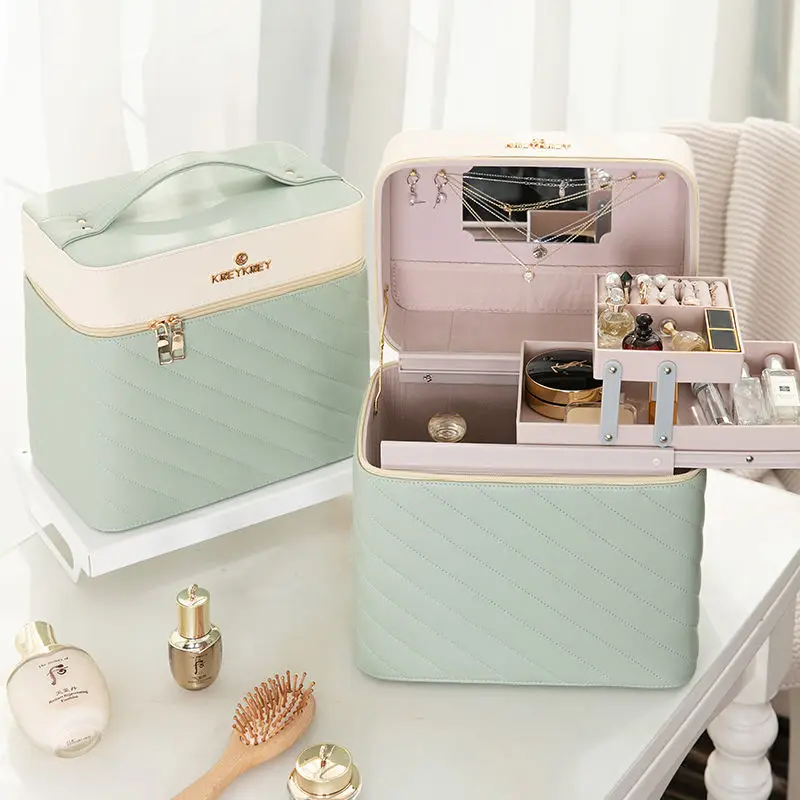 

2026 Professional Makeup Box Pu LeatherMake Up Organizer Women Cosmetic Case with Mirror Travel Large Capacity Suitcase Bag