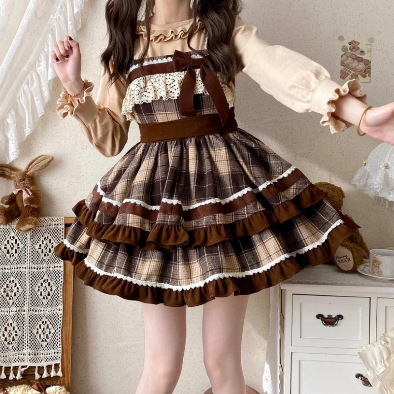 Japanese Harajuku Fashion Lolita Jsk Dress Women Sweet Lace Bow Plaid Princess Dresses Retro Cute Birthday Gift Tea Party Dress