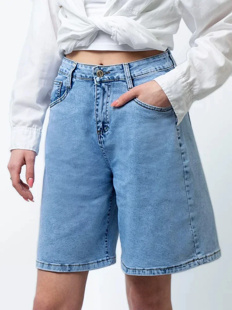 

Новые летние джинсовые шорты, повседневные свободные синие джинсовые шорты с высокой талией, модные классические прямые женские шорты трапециевидной формы с широкими штанинами