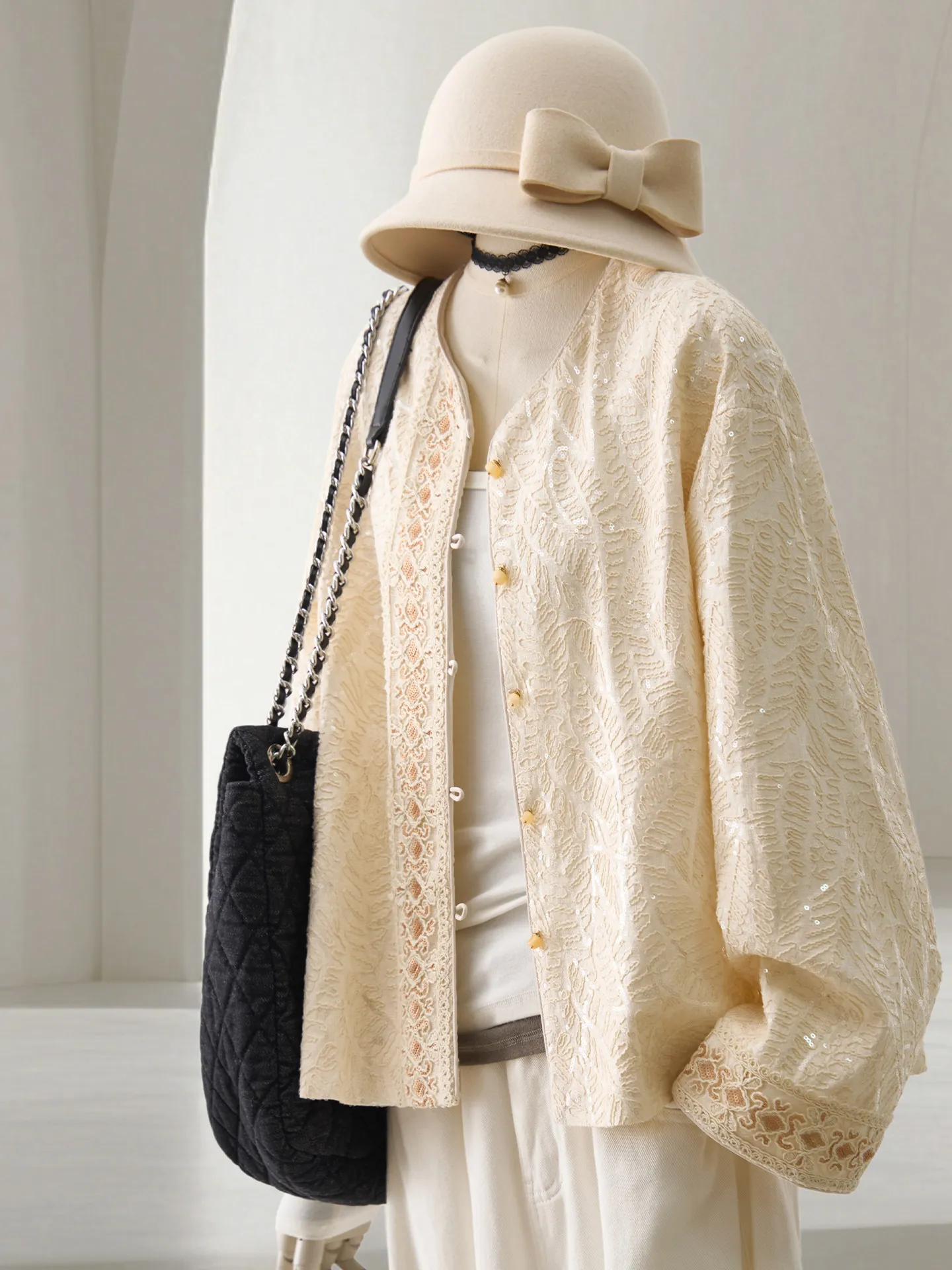 Ivory White Sequin Jacquard Jacket Women 2026 Luxury Slimming Short Coat Elegant Long Sleeve Fashion Casual Chic Top