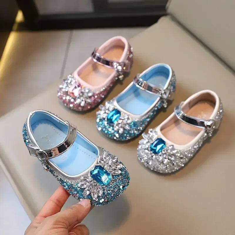 Girl's Fashion Princess Shoes Crystal Shoes Bow Girl Kindergarten Flat Shoes Baby Soft Sole Princess Elsa Trend Single Shoes