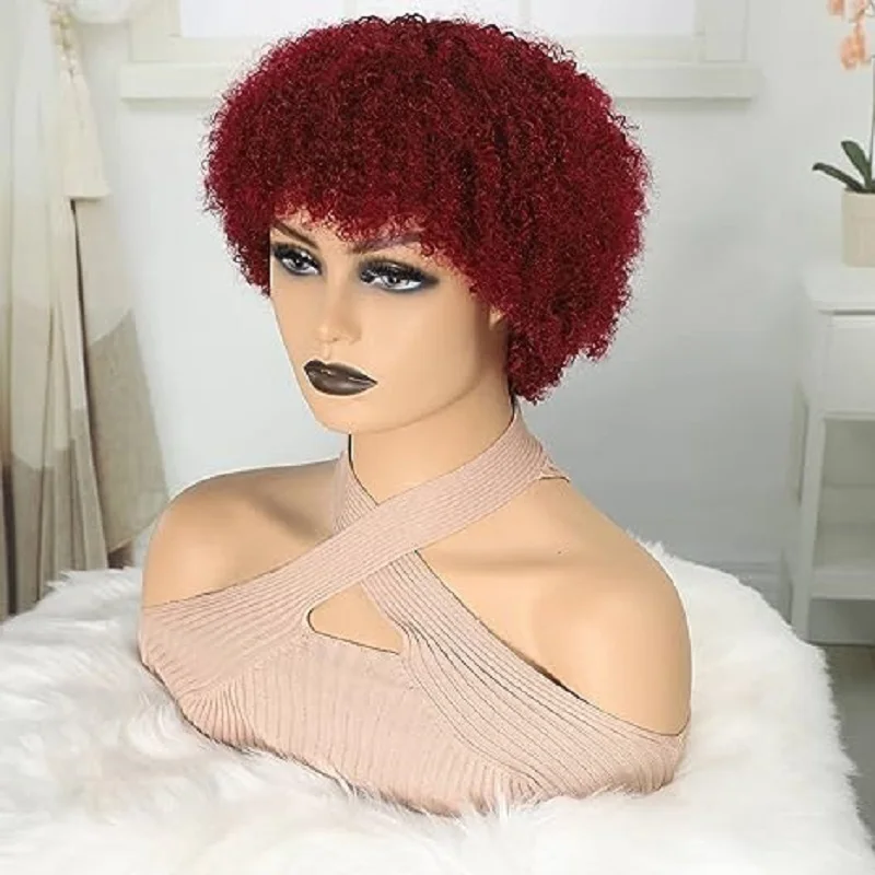 

Short Afro Kinky Curly 99J Wig For Woman Human Hair Wigs 180% Density Pixie Curl Afro Wig Afro Kinky Curly 100% Human Hair Wigs