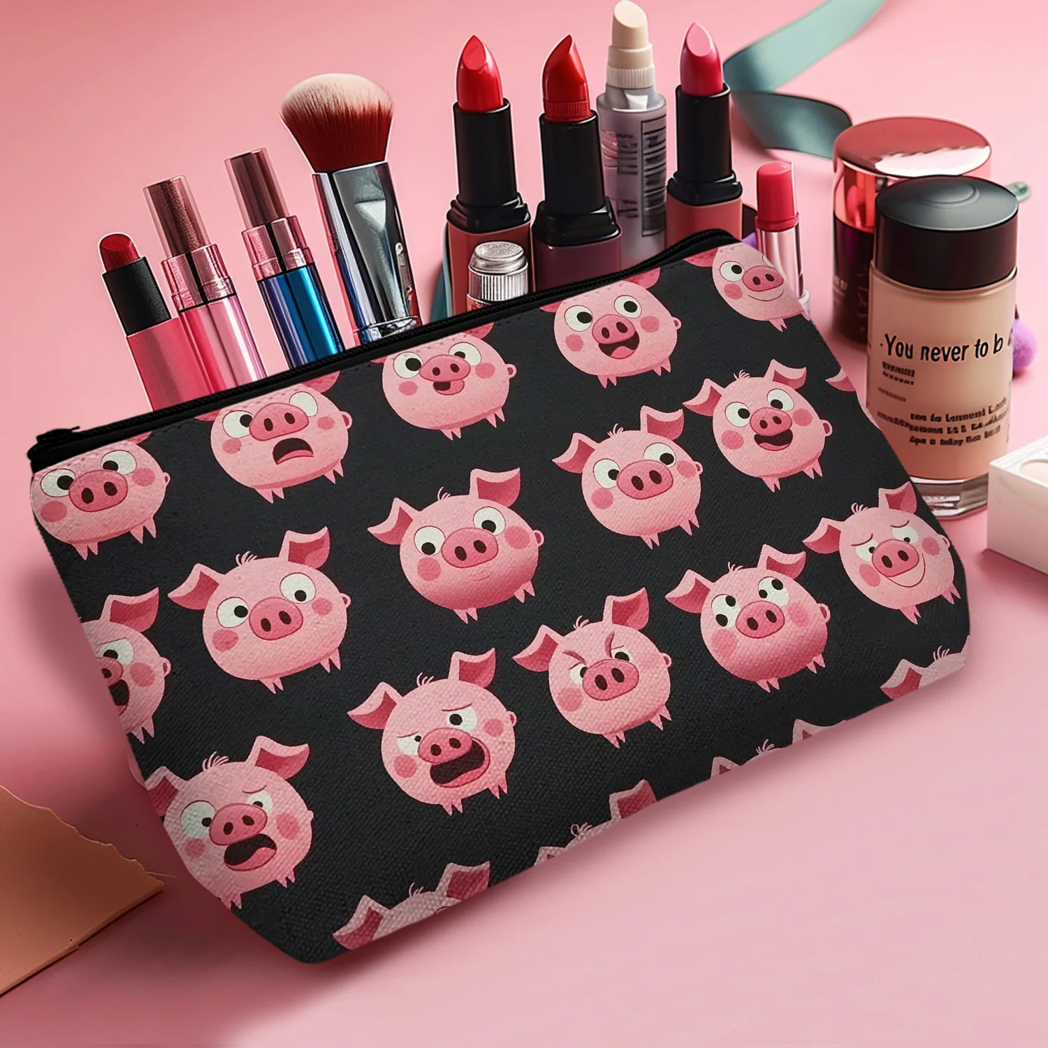 1 Pc Cartoon Pigs Pattern Cosmetic Bag Makeup Storage Bag Lightweight Makeup Organizer For Travel Women And Men 8.66x5.51Inch