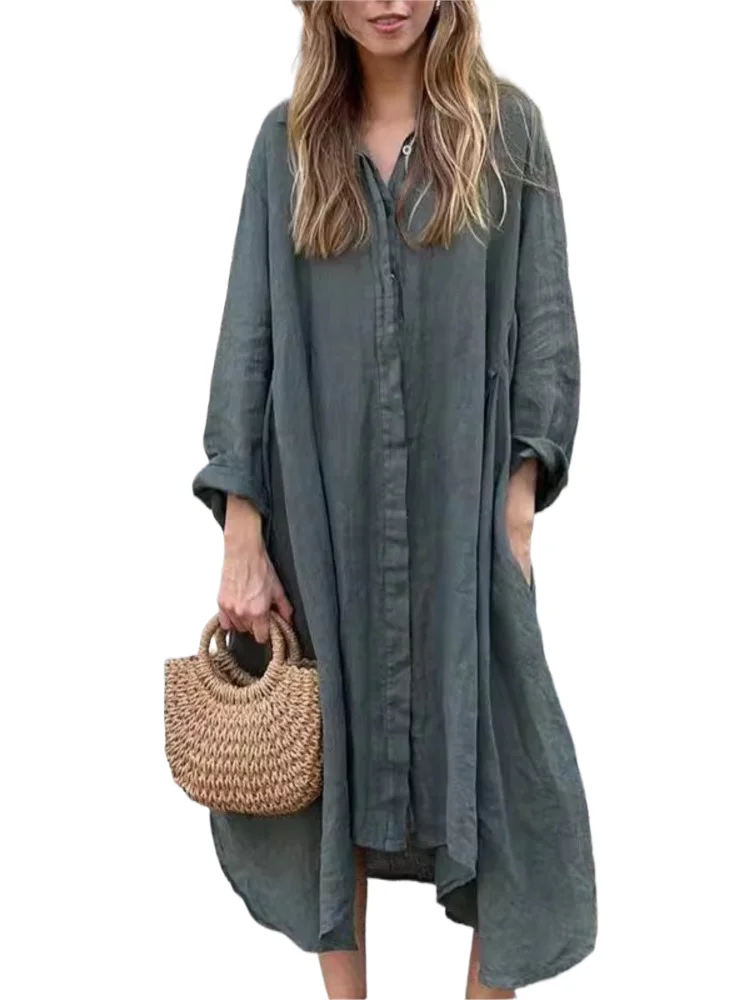 Spring Autumn Solid Color Shirts Dresses Women Casual Simple Loose Irregular Hem Shirt Long Dress Vintage Style Vestidos Female