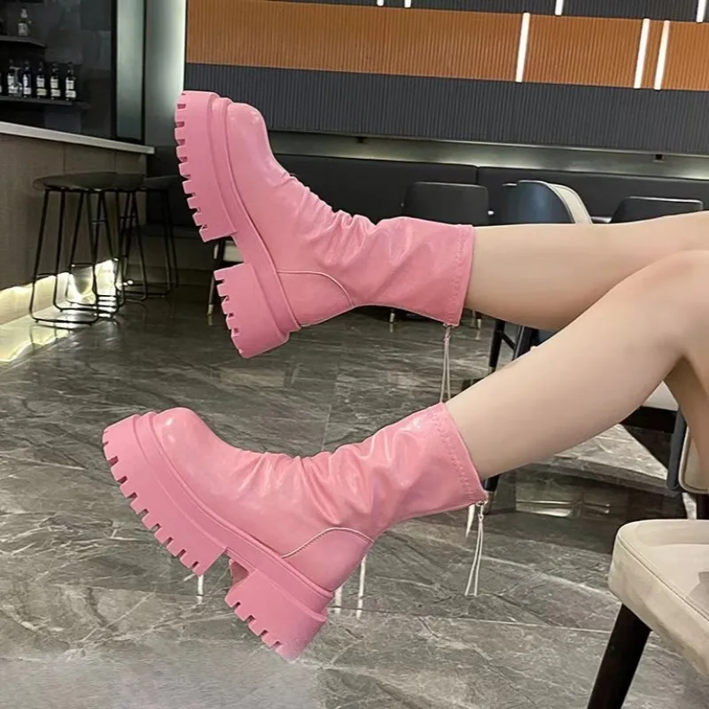 Fashion New Women's Ankle Boots Pink Thick Sole 7cm High Heels Round Toe Minimalist Women's Camel Color Black Platform Shoes