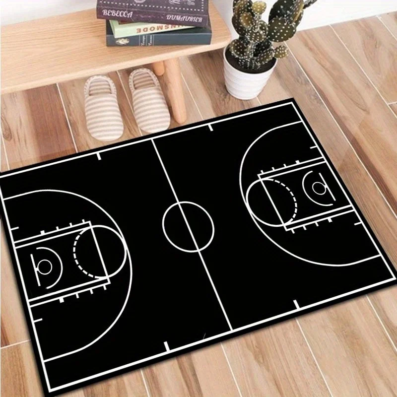 Basketball Court Line Art Door Mat, Minimalist Sports Field Graphic Non-Slip Floor Rug for Entryway Kids Room Home Decor