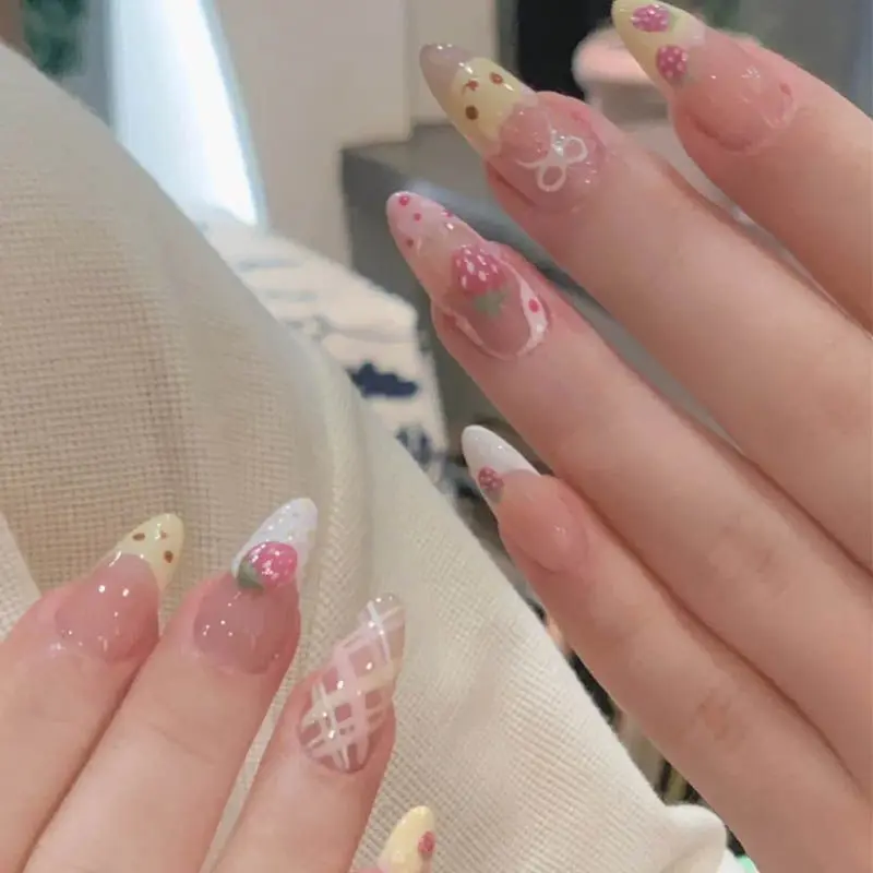 10Pcs Almond Press on Nails with Pink Strawberry Bear Design Acrylic False Nails Cute Full Cover Sweet Girl Wearable Nail Tips