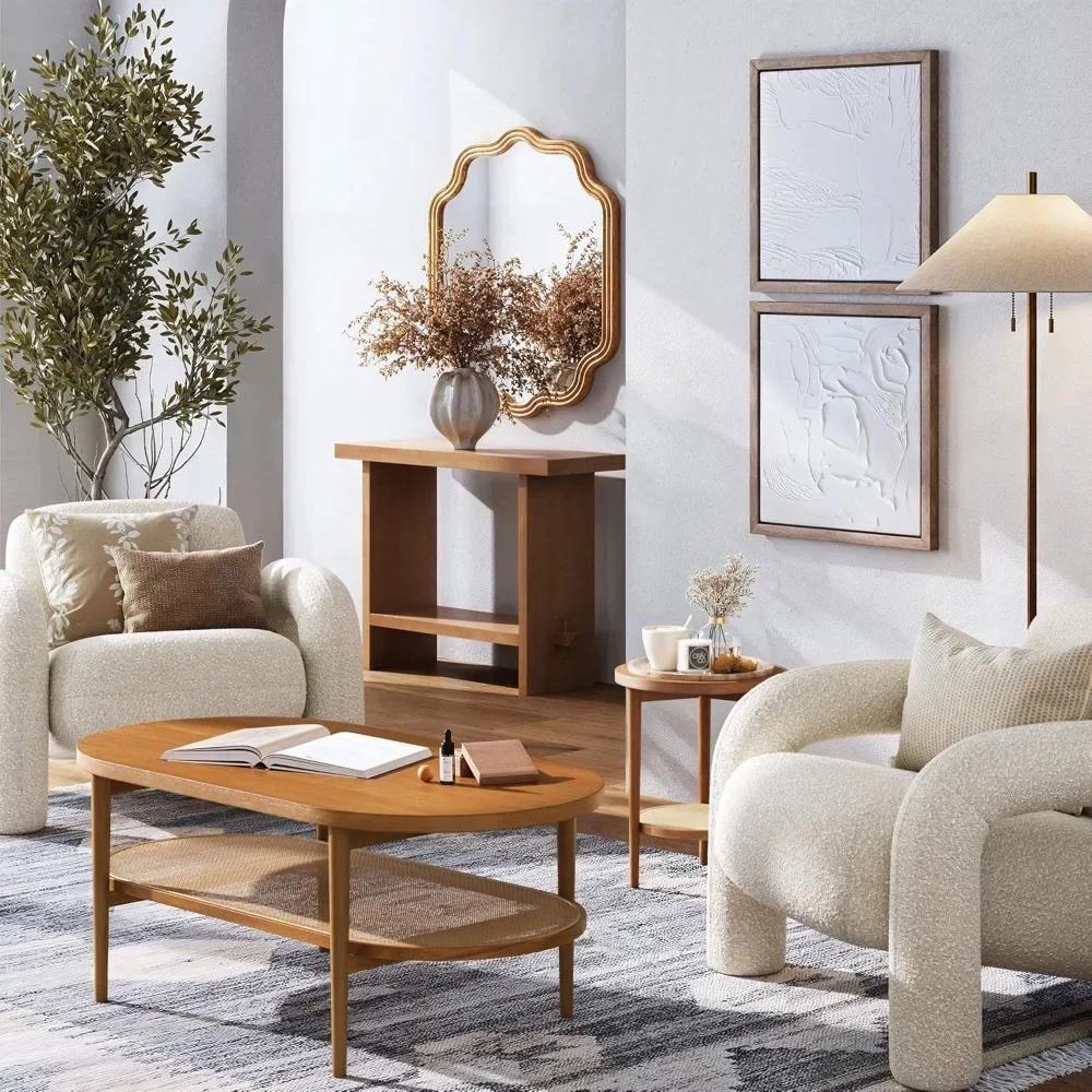 Bohemian 2-Tier Oval Coffee Table with Cane Shelf. Mid-Century Rattan Accent for Living Room, Boho Chic Home Decor