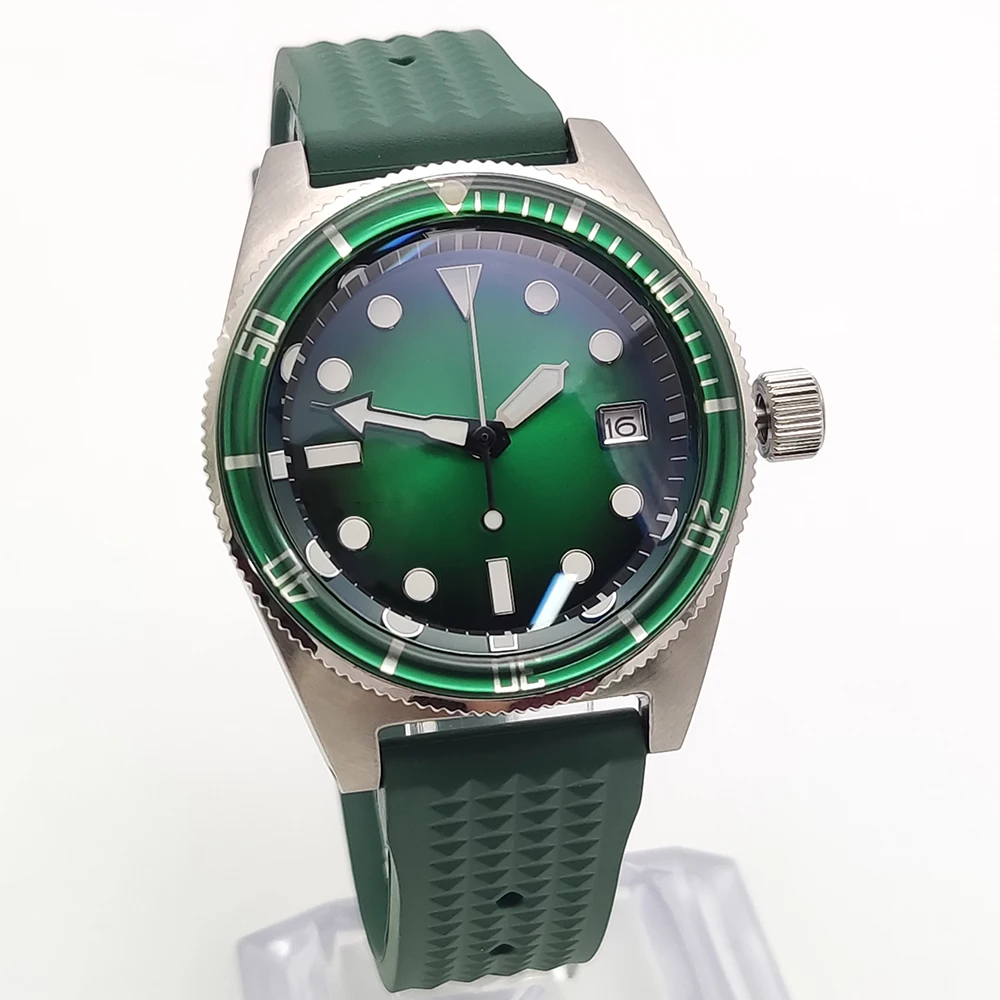 Мужские автоматические повседневные деловые механические часы NH35 с сапфировым стеклом и зеленым стерильным циферблатом, модные часы с резиновым ремешком