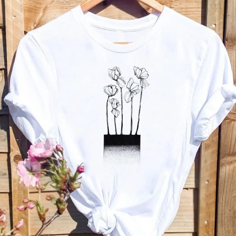 Camiseta de manga corta con estampado de flores para mujer, ropa Europea encantadora, camisetas de gran tamaño