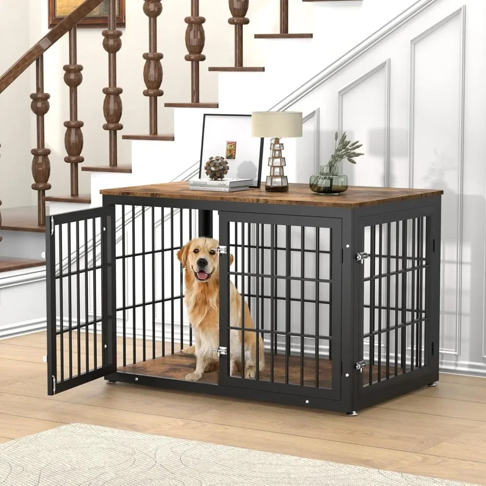 Rustic Heavy Duty Dog Crate Furniture for Extra Large Dogs, Decorative Pet House End Table, Wooden Cage Kennel Furniture Indoor