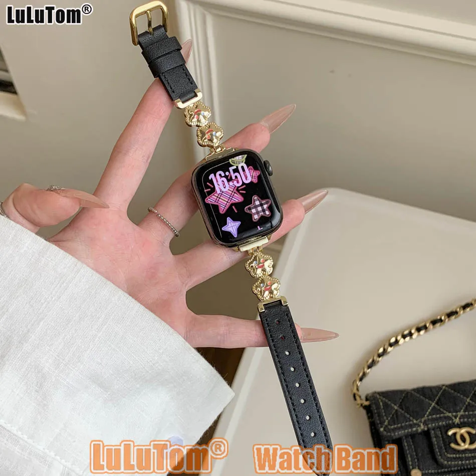 سوار ساعة Smiley Star لساعة Apple Iwatch Series 11 10 9 8 7 6 5 4 3 2 SE Ultra Leather Watch Band 38 مم 40 مم 41 مم 42 مم 44 مم 45 مم 46 مم 49 مم سوار أنيق للنساء