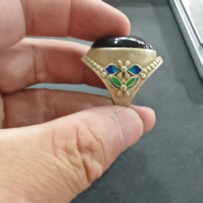 Unisex Vintage Oriental Enamel Floral Ring Ethnic Tribal Large Oval Black Imitation Gem Inlaid Adjustable Retro Finger Jewelry