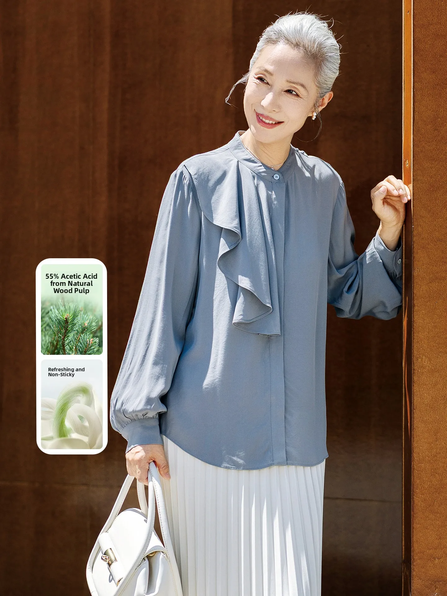 

Muzhi Acetate Fiber Long Sleeve Thin Shirt T-Shirt for Middle-Aged Women Mom Spring Fashion Loose Fit Wave Design Easy Clean