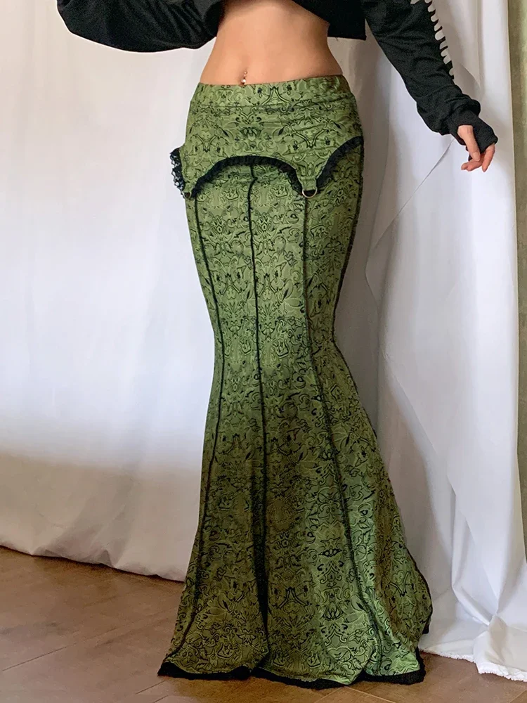 Vintage Mode elegante grüne Trompete langen Rock grafisch bedruckte Spitzen besatz y2k hohe Taille Rock Frauen 2000s Ästhetik