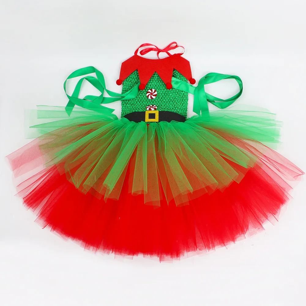 Christmas Mesh Tutu Dress Matching Outfit Multi-tier Puffy Festive Gown Stage Gala Holiday Gathering Stretch Waist Airy Skirt