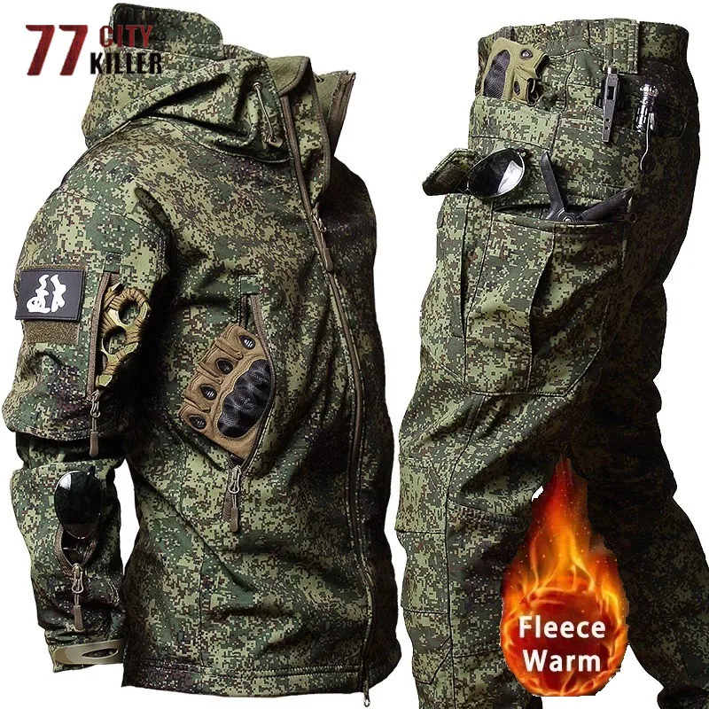 Herren taktische militärische Kampfsets im Freien wind dicht wasserdicht Multi-Taschen Soft shell Kapuzen jacken Cargo hosen Anzüge männlich