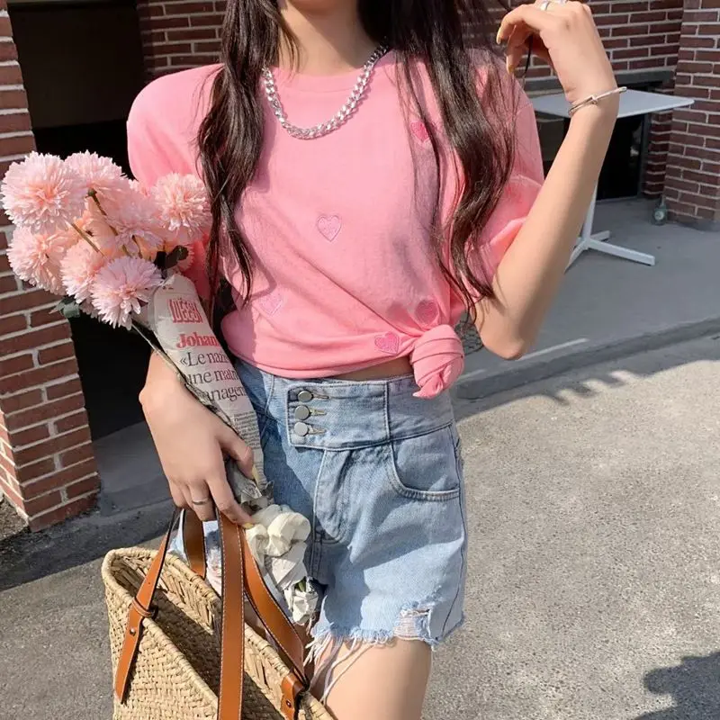 

Love Embroidery Shirts for Women Clothing Street Hip Hop Vintage Oversized T Shirt Casual Versatile Y2K Top Women Clothes