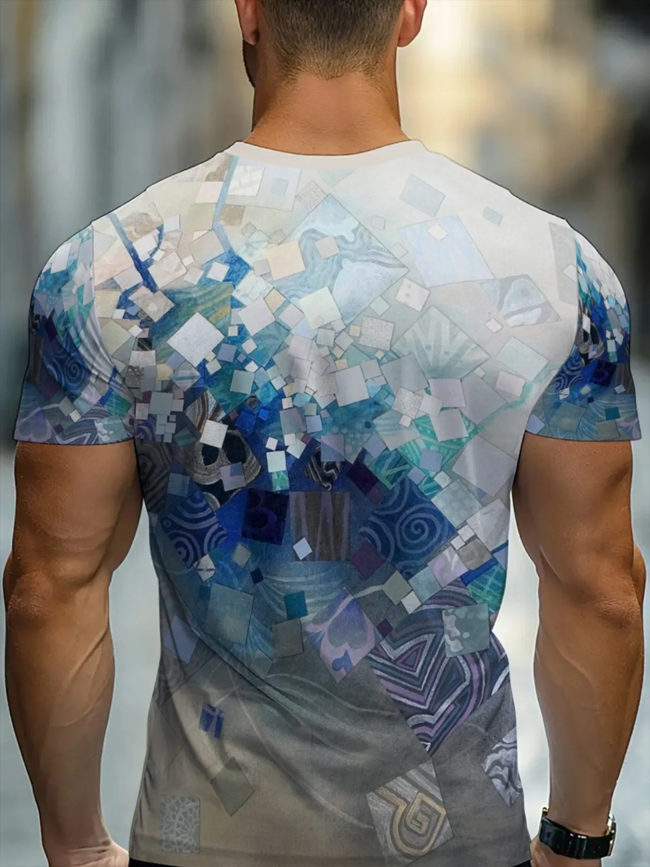 Men 3D Print T-Shirt Blue White Mosaic Square Spiral Abstract Geometric Graphic O Neck Short Sleeve Casual Summer Streetwear Tee