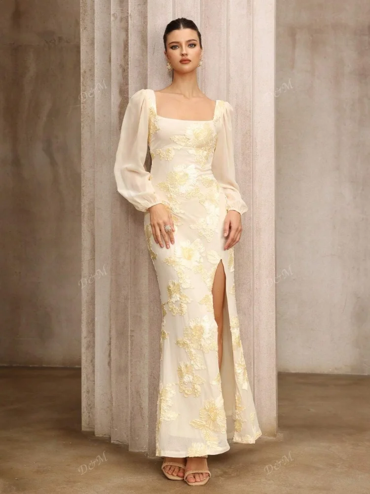 D&M Najlepiej sprzedające się eleganckie złote sukienki na studniówkę dla kobiet, z nadrukiem cyfrowym, jednolity wzór, oddychająca długa suknia wieczorowa maxi