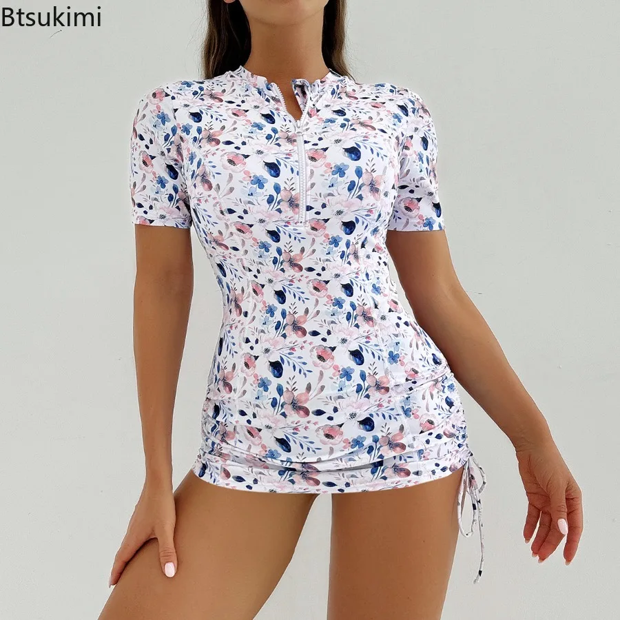 Nowy 2025 Tankini damski strój kąpielowy tropikalny nadruk dwuczęściowe garnitury stroje kąpielowe z krótkim rękawem letnia sukienka kostiumy kąpielowe damski strój kąpielowy