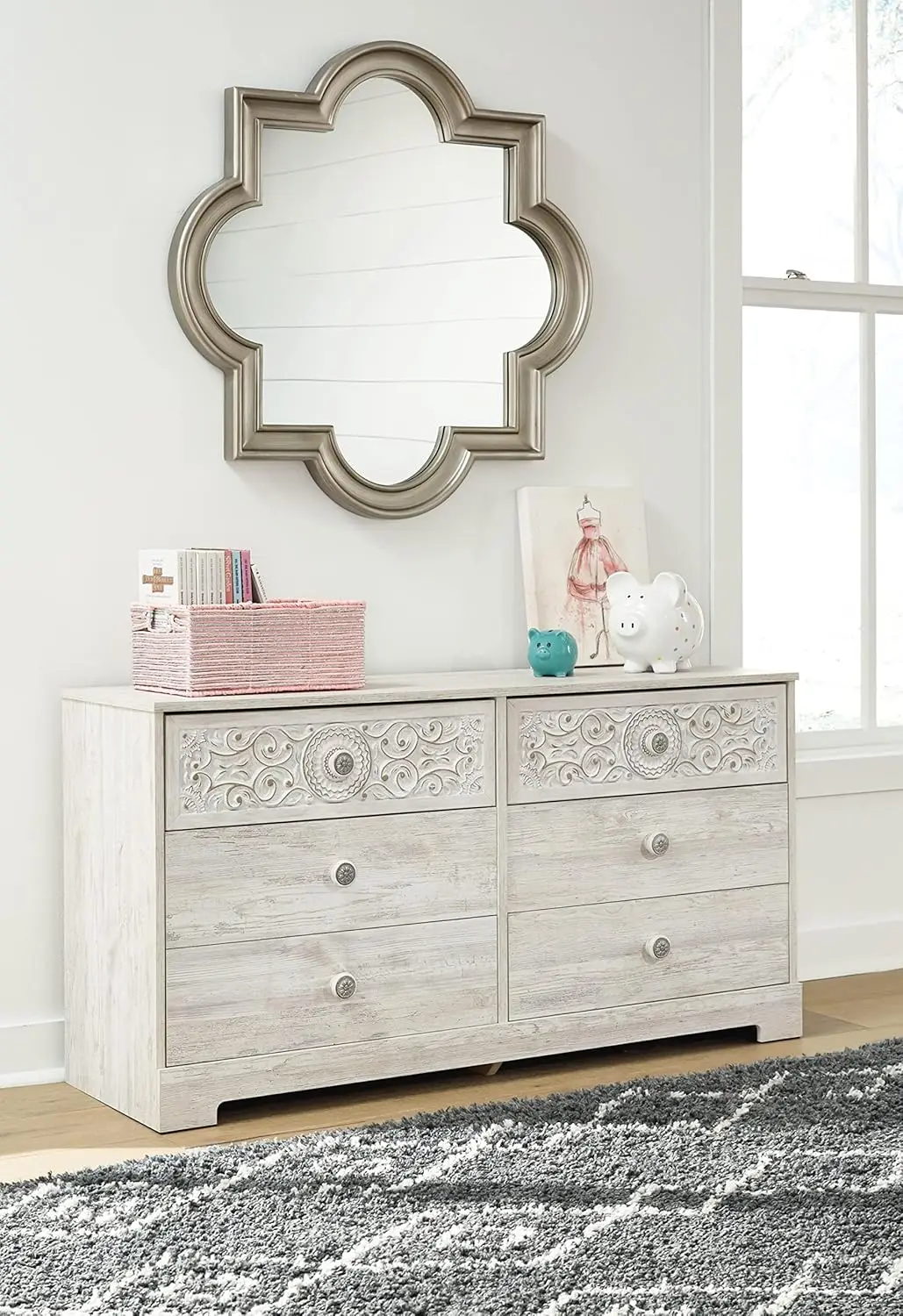 Bohemian 6 Drawer Dresser with Carved Medallion Pattern, White