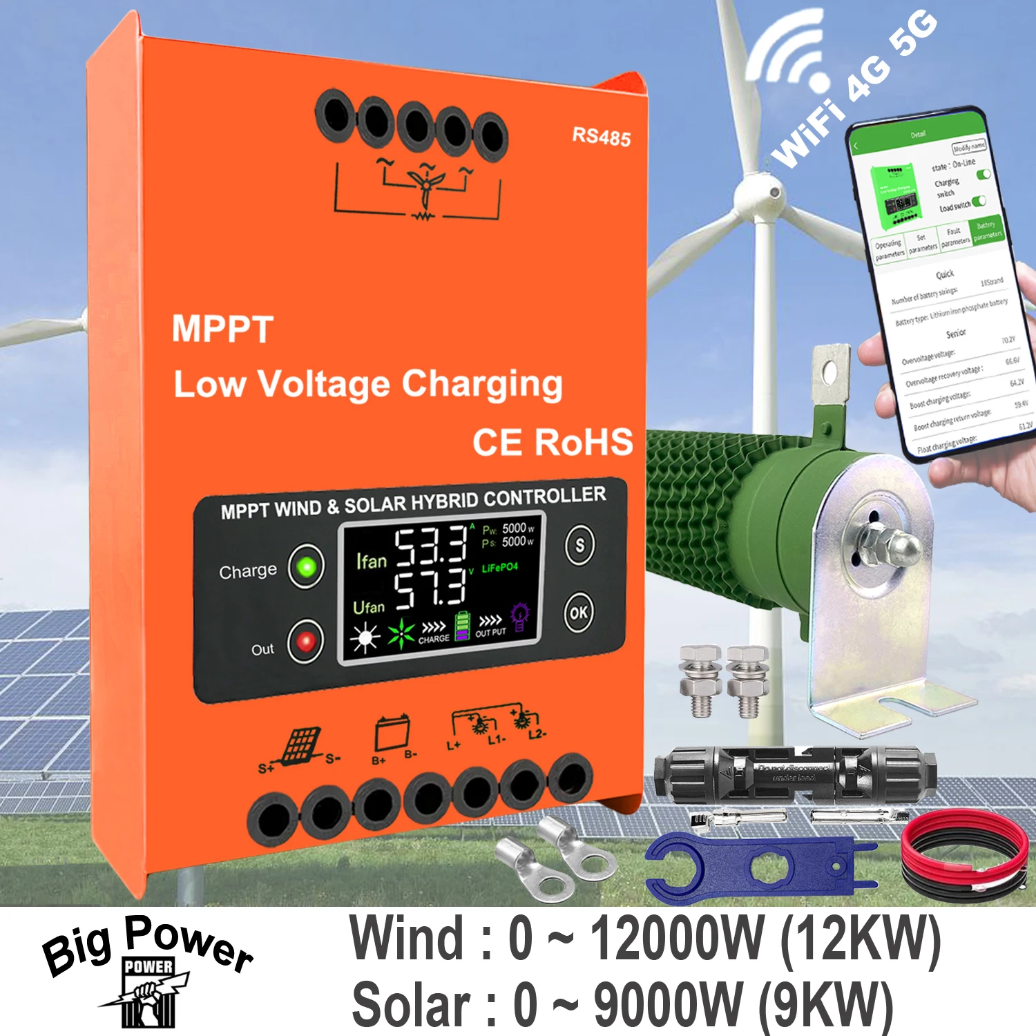 BIG POWE 8000W 9000W Hybrid Wind Solar Controller MPPT Auto Match 12V 24V 48V Regulator Optional WIFI App Hybrid Power System