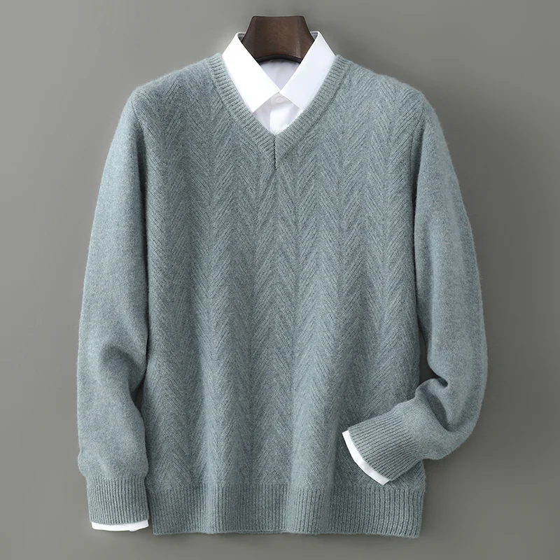 Jersey grueso con punto de Cable y cuello en V para hombre, prendas de punto de lana merina de 100% para otoño e invierno, ropa informal, suéter cómodo y suave y cálido