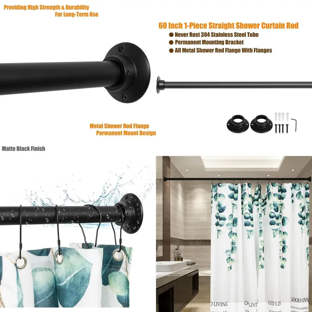 

60 Inch Matte Black Heavy Duty Straight Shower Curtain Rod with Permanent Mount and Screws, Rust-Resistant Stainless Steel