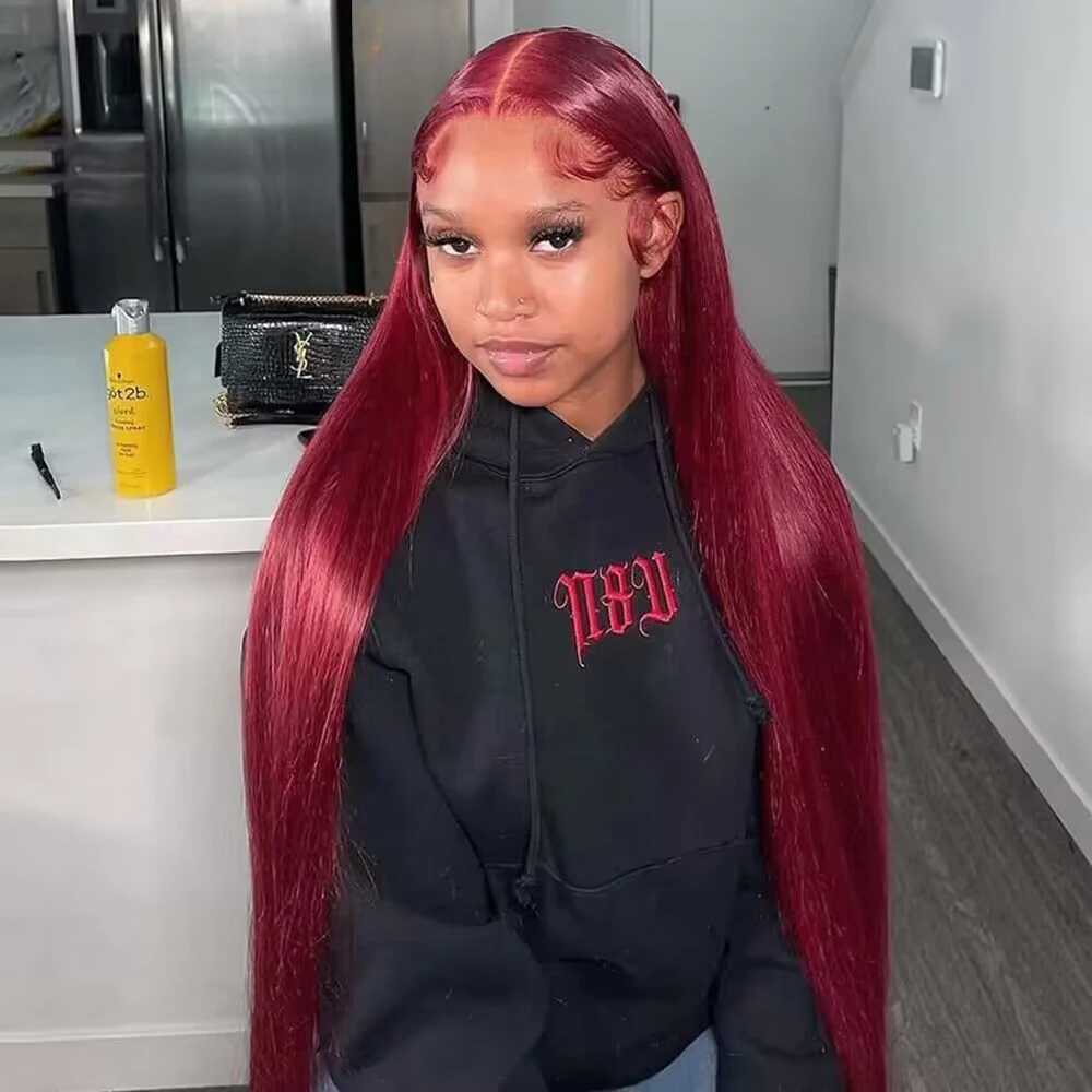 

99J Burgundy 13x6 Colored HD Lace Front Wig Human Hair Wigs PrePlucked Premium Red Peruvian Straight Lace Frontal Human Hair Wig
