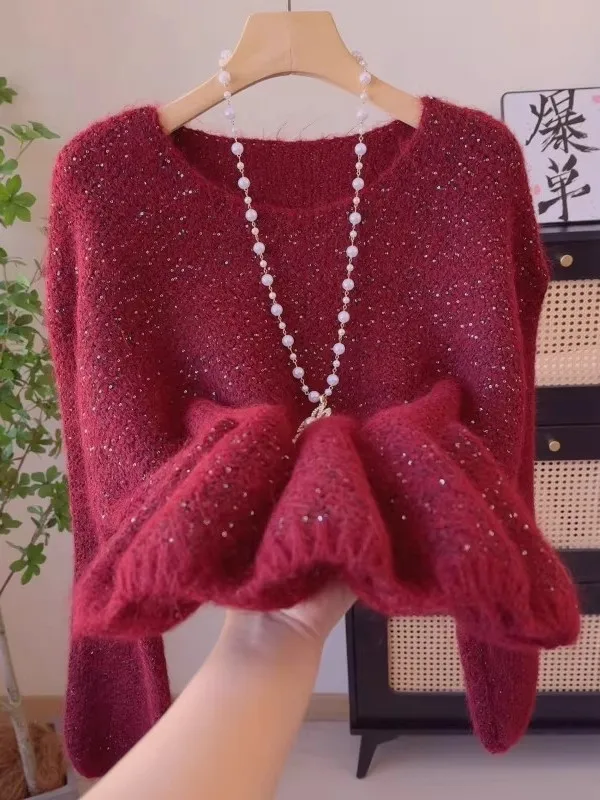 

Red Sequin round Ne Lantern Sve Loose Knitted Sweater Women's Spring Autumn Winter Casual Sle Comfortable Soft Top