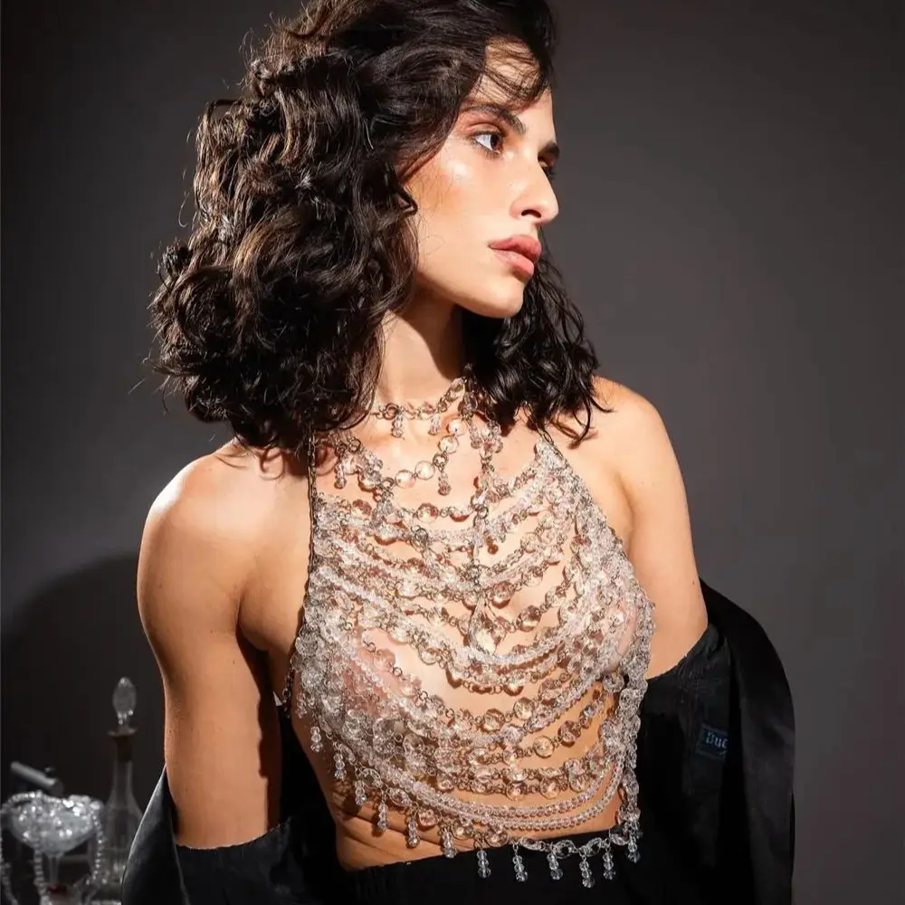 

Вечерние сверкающие кристаллы и жемчуг, цепочка для тела, подвеска в виде капли с кисточками, цепочка для бюстгальтера, роскошная многослойная майка, вечернее платье, подкладной топ