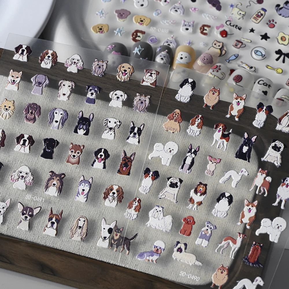 1pcs 5D 양각 개 고양이 만화 네일 아트 스티커 귀여운 강아지 활 네일 데칼 어린이를위한 다채로운 재미 동물 매니큐어 액세서리