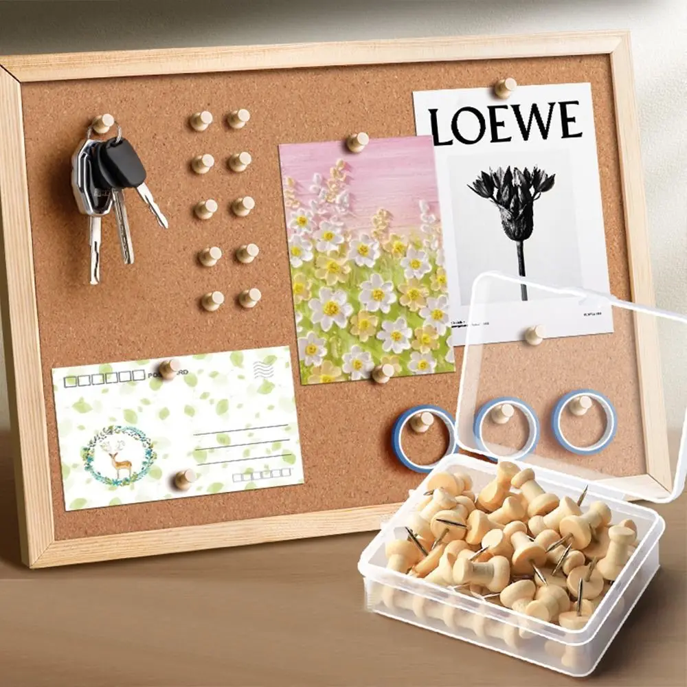 Plástico Cork Board Tacks Empurre Pins, Botões De Madeira, Thumb Tacks Pins, Cartões De Parede Fotos Pushpin, 50Pcs