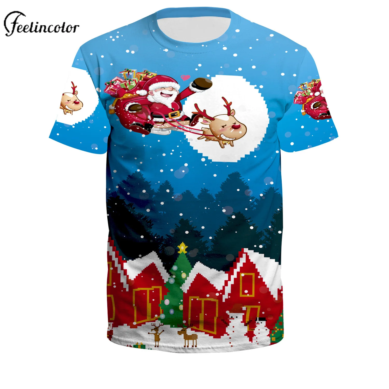 Xmas Elk Santa Claus Pattern T-shirt for Men Red Green 3D Printed Christmas Top Couple Short Sleeved Shirts Summer Party Clothes
