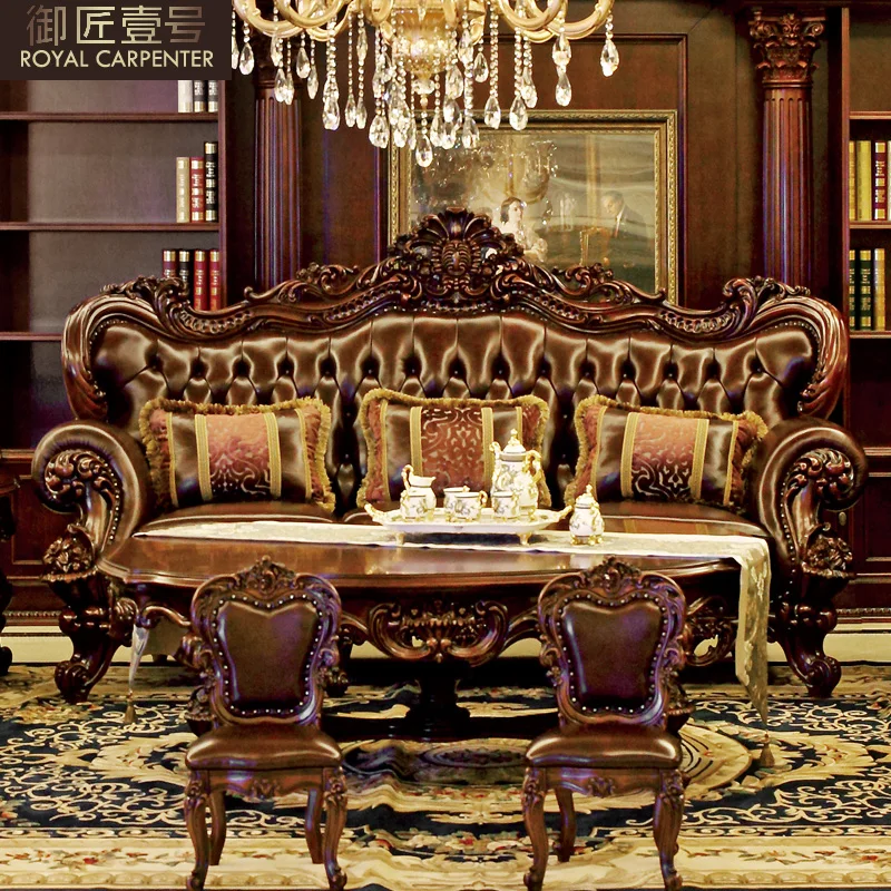 Classical American leather sofa combined with large European court all solid wood luxury living room