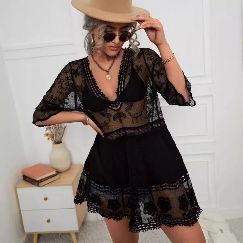 Cross-Border Beach Sun Protection Clothing Sexy Lace Loose Vacation Beach Cover-up Skirt Bikini Swimsuit Cutout Blouse