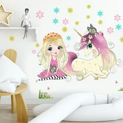Cartoon pink princess castle unicorn flower wall sticker ballet dancing girl child girl room decoration poster mural sticker