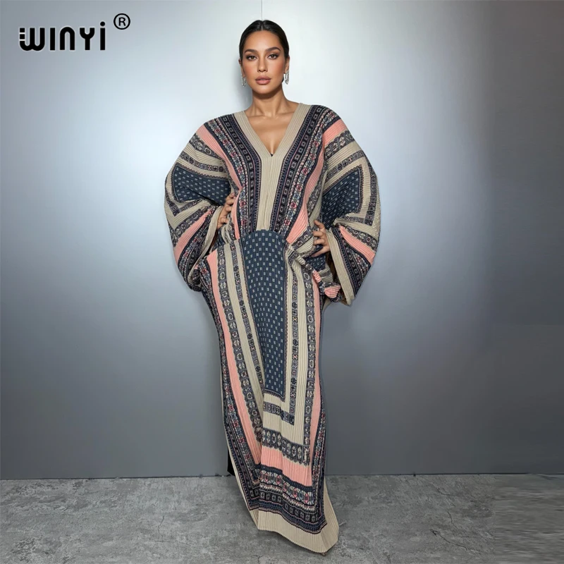 

WINYI Pleated Elastic boho loose dress beach cover up kaftan abaya dubai luxury party dress evening dress abaya muslim woman
