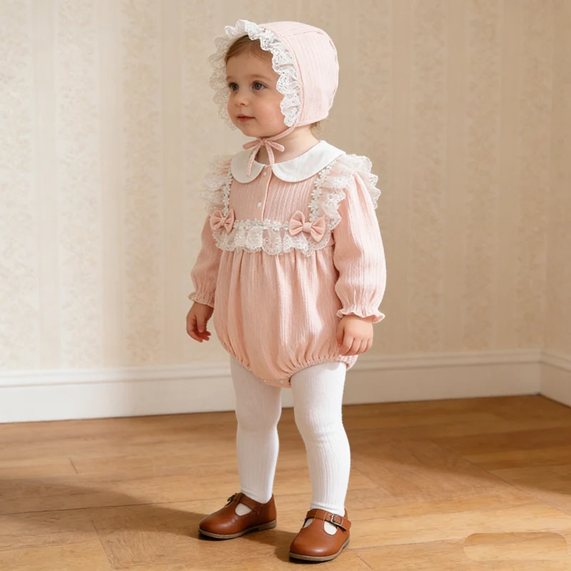 

2026 New Spring 0-24M Baby Girl Clothing Toddler Baby Girl Romper+Hat Long Sleeved Cotton Lace Splicing Infant Baby Jumpsuit