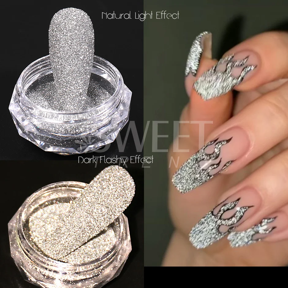1 Box Reflective Silver Nail Powder Flash Disco Diamond Chrome Pigment Dipping Powder Nail Glitter Rhinestone Sequins SWS52