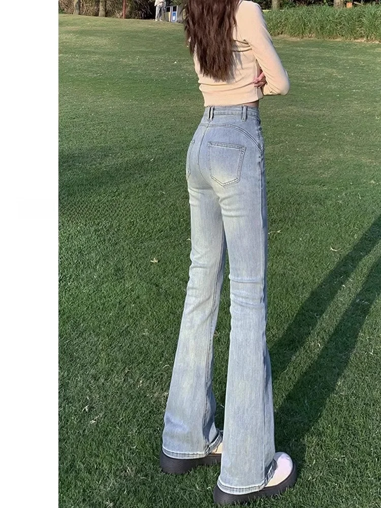 American Style High Waist Bell Bottom Jeans Women's Spring New Style Slimming Cotton Elastic Fabric Wear Resistant Light Blue
