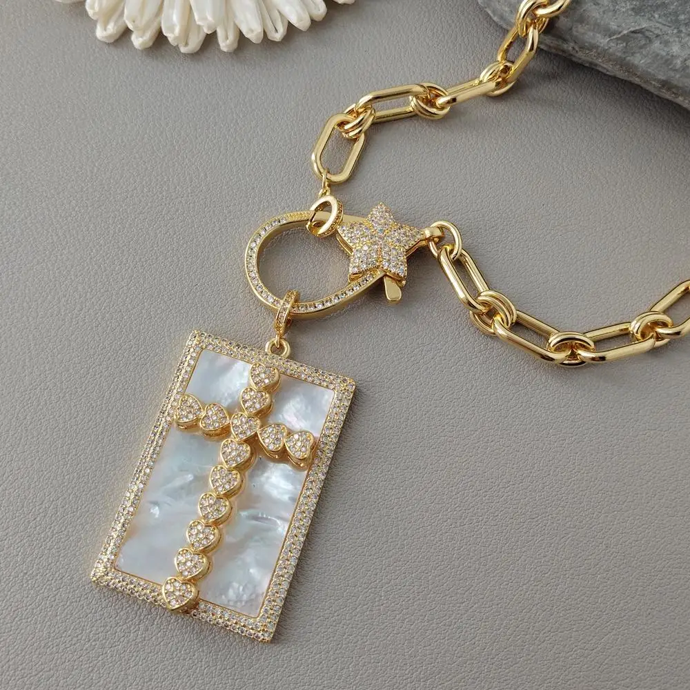 

kkgem Real 30x44mm White Sea Shell Cz Crucifix Rectangle Pendant gold plated chain Necklaces Fashion Jewelry Gifts