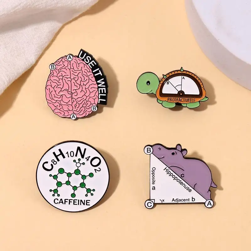 Math Puns Enamel Pins Custom Turtle Hippo Brooch Use Brain Well Caffeine Lapel Badge Animal Funny Jewelry Gift for Kids Friends