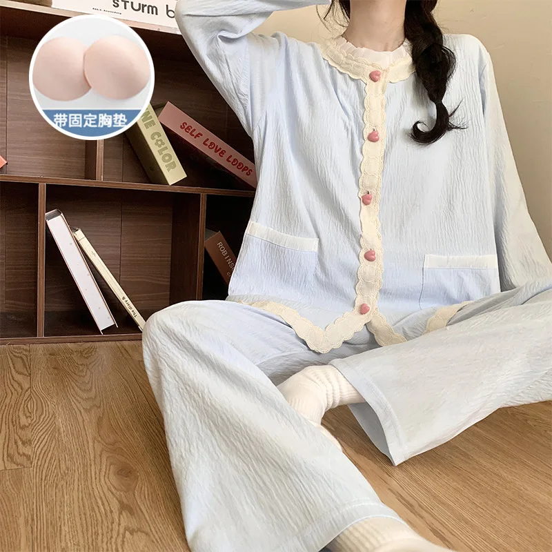 Teen Girl Spring Autumn Loungewear Lace Pajama Set Women Student Long-Sleeve Chest Padding Soft Home Clothes Lady Loose Woman