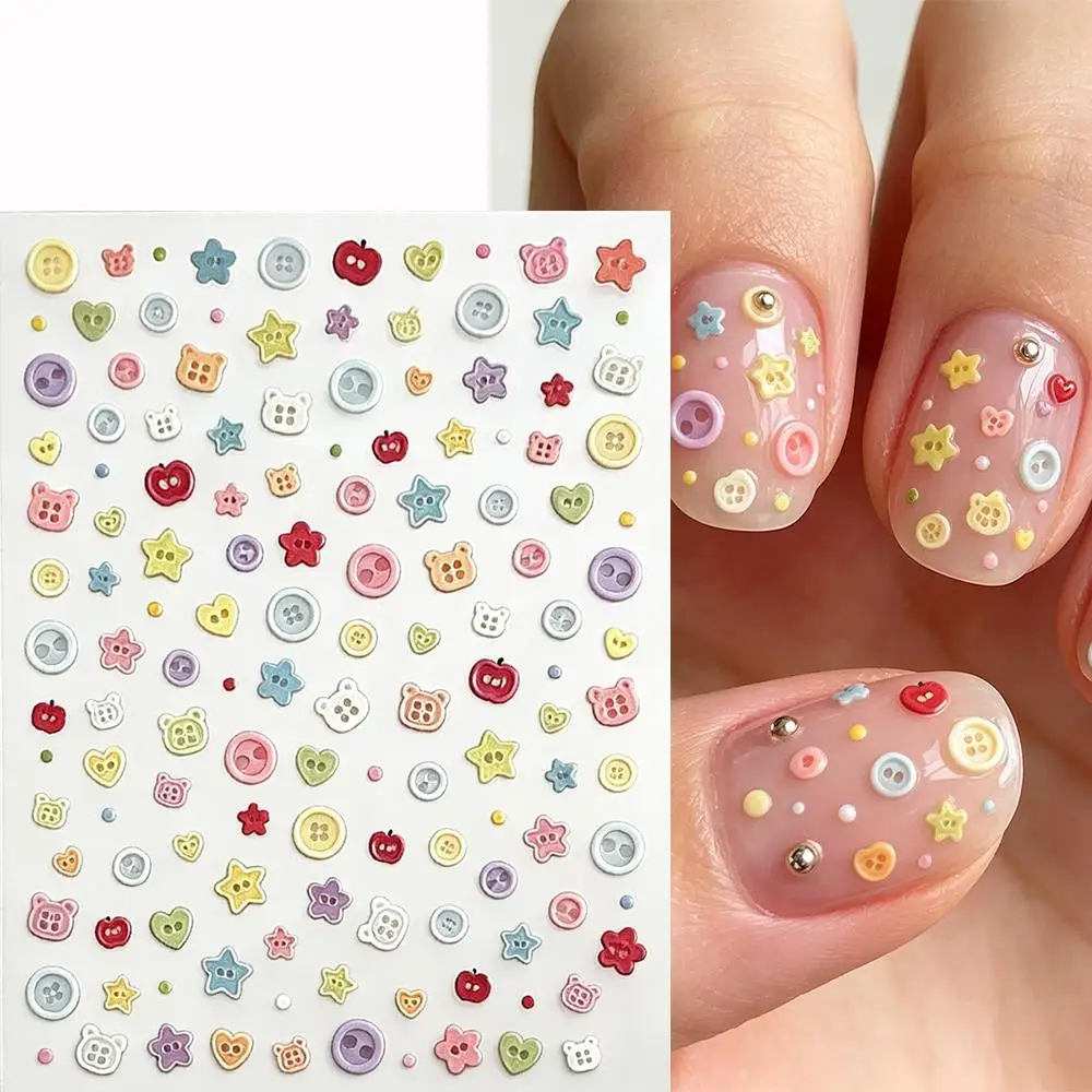 1/2Pcs 5D Embossed Macaron Button Nail Stickers Star Heart Bear Shaped Buttons Nails Decals for Sweet Girl Manicure Decorations