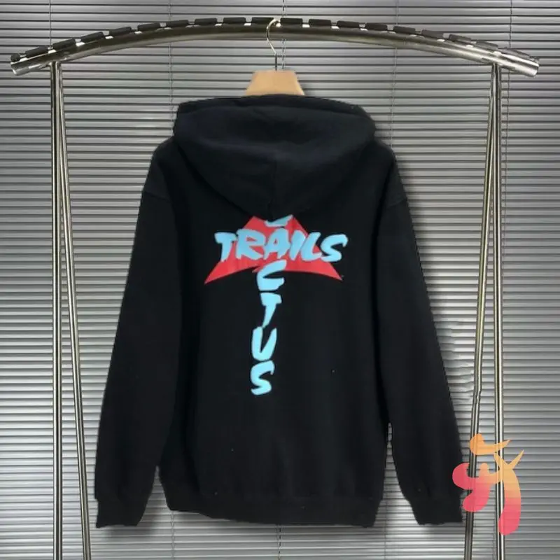 

Real Photos Foam Print Cactus Jack Hoodies Letter Logo Black White Winter High-quality Fleece Casual Loose Hoodys Men Women