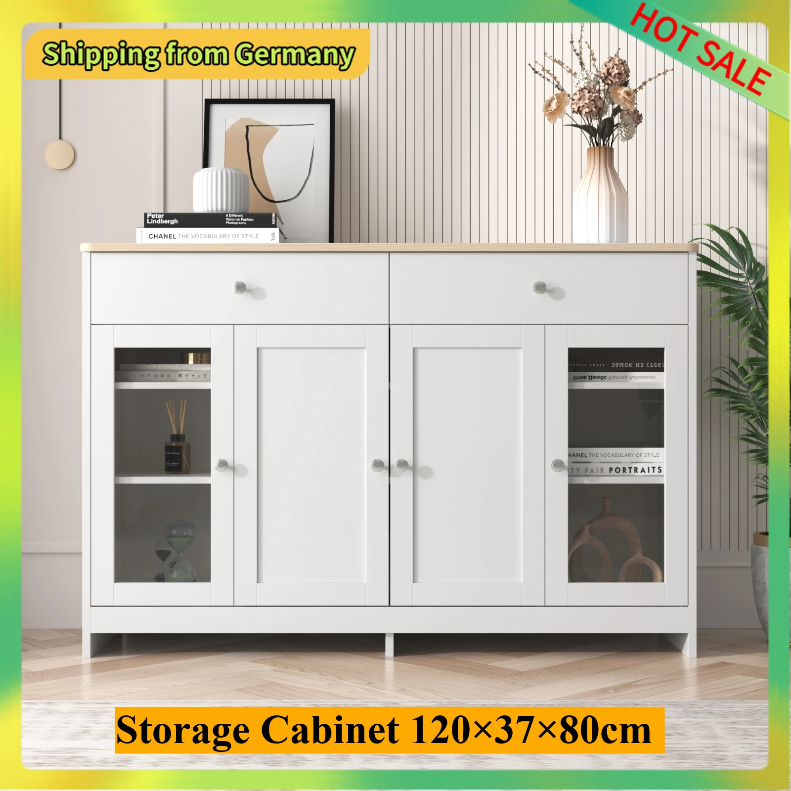 Comanlai Credenza moderna con 2 cassetti e 4 ante in vetro, mobiletto portaoggetti in venature del legno per soggiorno o sala da pranzo, 120×37×80 cm