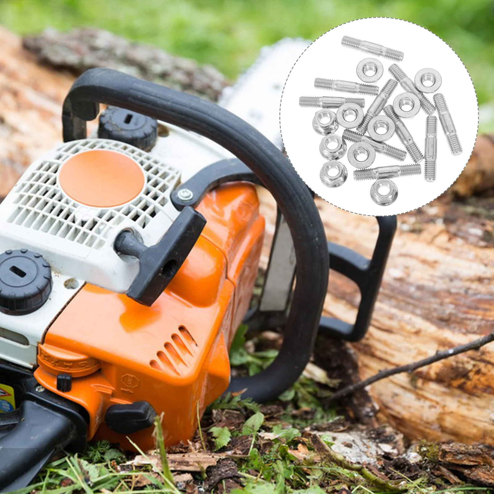 Zestaw nakrętek trzpieniowych dwustronnych, uniwersalne części, śruby trzpieniowe z podwójnym gwintem do wymiany łańcucha, metalowe śruby, narzędzia.