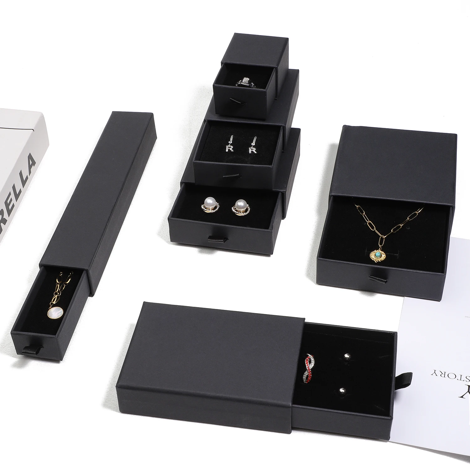 Black Paper Sliding Drawer Jewelry Display Box Necklace Rings Earing Bracelet Storage Packaging Stand With Ribbon Rope Sponge